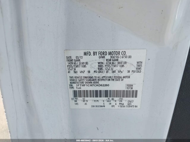 Продажа на аукционе авто 2012 Ford F-150 Xl, vin: 1FTMF1CM7CKD62260, номер лота: 46035442