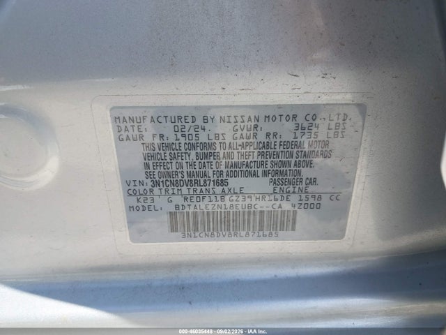 Aukcja sprzedaży 2024 Nissan Versa 1.6 S, vin: 3N1CN8DV8RL871685, numer aukcji: 46035448