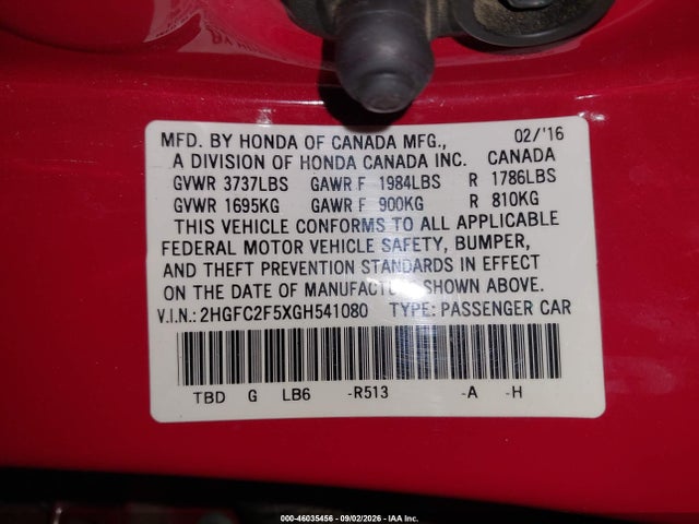 Honda Civic Lx 2016 2HGFC2F5XGH541080 Image 9