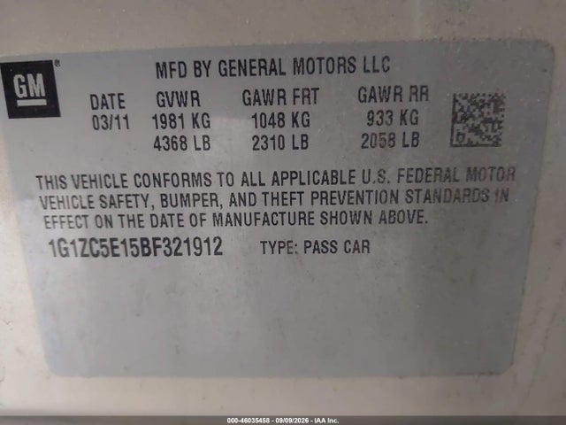Продажа на аукционе авто 2011 Chevrolet Malibu 1lt, vin: 1G1ZC5E15BF321912, номер лота: 46035458