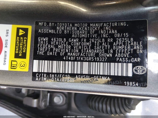 2016 Toyota Camry Le მანქანა იყიდება აუქციონზე, vin: 4T4BF1FK3GR519327, აუქციონის ნომერი: 46035467