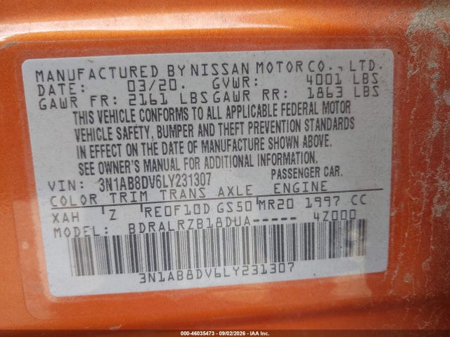 Aukcja sprzedaży 2020 Nissan Sentra Sr Xtronic Cvt, vin: 3N1AB8DV6LY231307, numer aukcji: 46035473