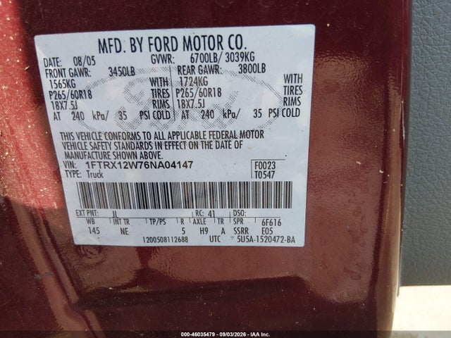 46035479 :رقم المزاد ، 1FTRX12W76NA04147 vin ، 2006 Ford F-150 Stx/xl/xlt مزاد بيع