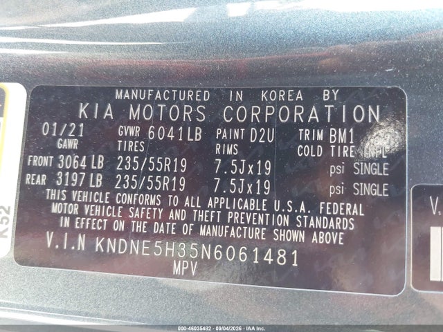 46035482 :رقم المزاد ، KNDNE5H35N6061481 vin ، 2022 Kia Carnival Mpv Sx مزاد بيع
