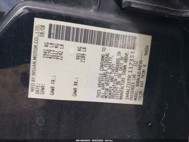46035483 :رقم المزاد ، 1N4AL21E99C117353 vin ، 2009 Nissan Altima 2.5 مزاد بيع