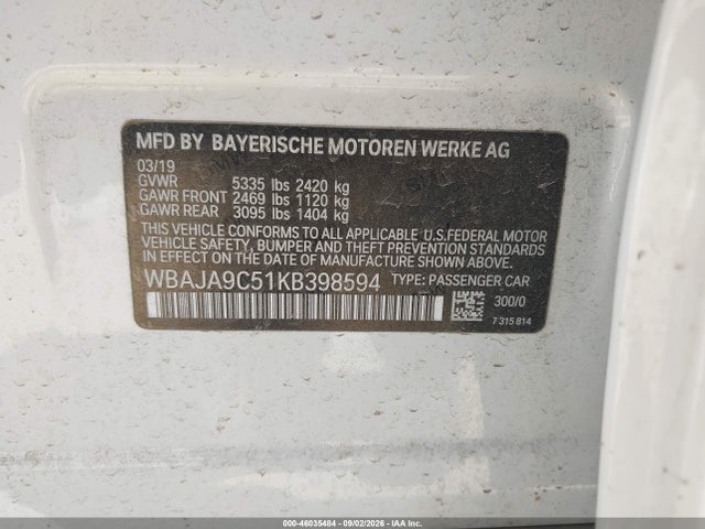 Aukcja sprzedaży 2019 Bmw 530e Iperformance, vin: WBAJA9C51KB398594, numer aukcji: 46035484