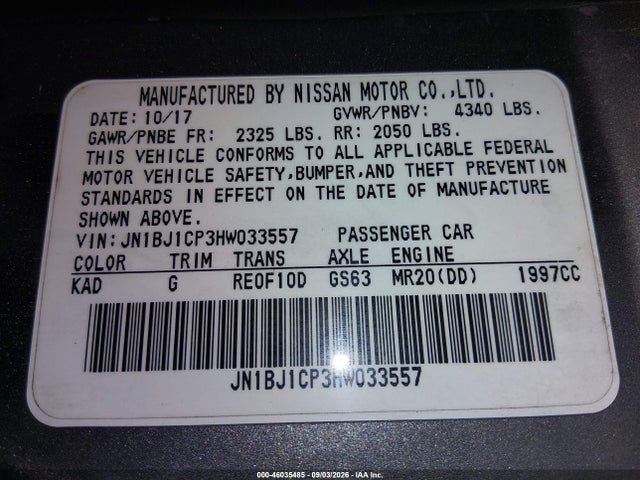 2017 Nissan Rogue Sport Sl მანქანა იყიდება აუქციონზე, vin: JN1BJ1CP3HW033557, აუქციონის ნომერი: 46035485