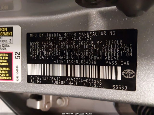 Aukcja sprzedaży 2022 Toyota Camry Se, vin: 4T1G11AK8NU664348, numer aukcji: 46035486