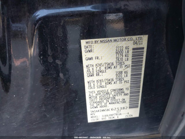 2011 Nissan Pathfinder S მანქანა იყიდება აუქციონზე, vin: 5N1AR1NN5BC625382, აუქციონის ნომერი: 46035487