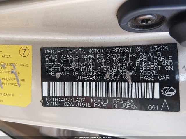 Продажа на аукционе авто 2004 Lexus Es 330, vin: JTHBA30G145037196, номер лота: 46035490