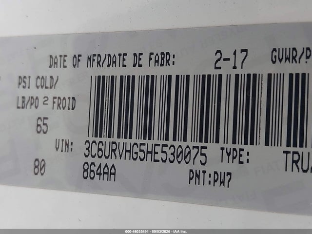 46035491 :رقم المزاد ، 3C6URVHG5HE530075 vin ، 2017 Ram Promaster 3500 High Roof مزاد بيع