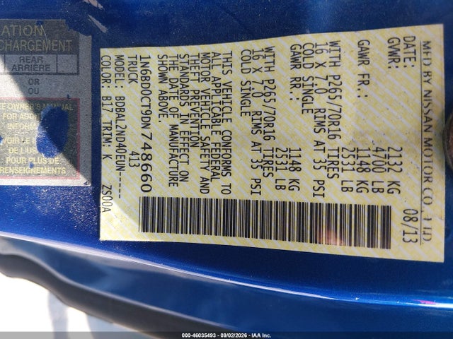 46035493 :رقم المزاد ، 1N6BD0CT9DN748660 vin ، 2013 Nissan Frontier Sv-i4 مزاد بيع