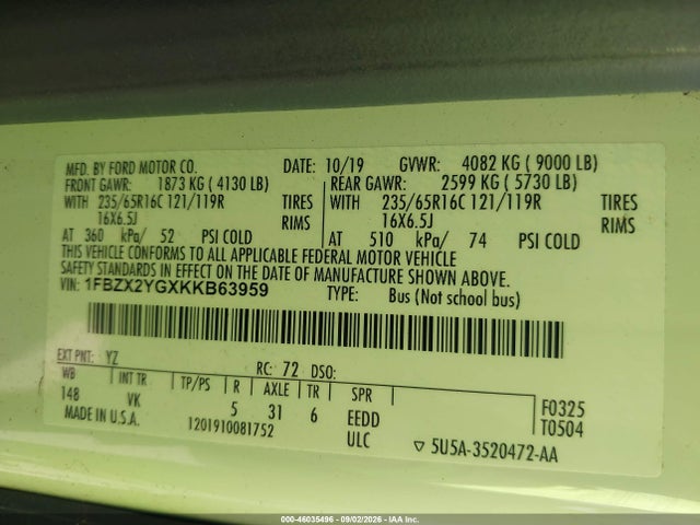 46035496 :رقم المزاد ، 1FBZX2YGXKKB63959 vin ، 2019 Ford Transit-350 Xl مزاد بيع