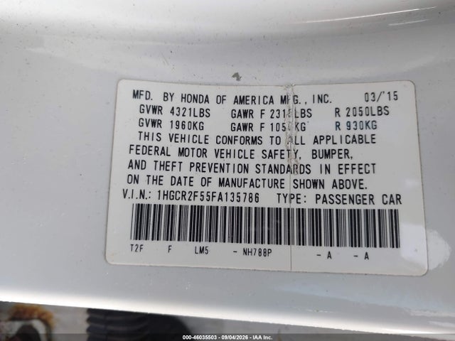 46035503 :رقم المزاد ، 1HGCR2F55FA135786 vin ، 2015 Honda Accord Sport مزاد بيع