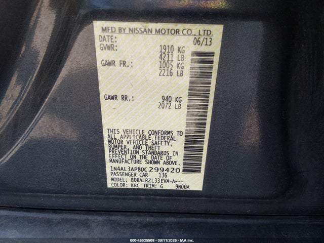 Продажа на аукционе авто 2013 Nissan Altima 2.5 S, vin: 1N4AL3AP8DC299420, номер лота: 46035508