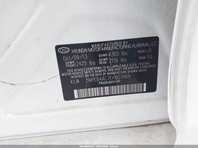 2014 Hyundai Sonata Gls მანქანა იყიდება აუქციონზე, vin: 5NPEB4AC7EH827469, აუქციონის ნომერი: 46035520