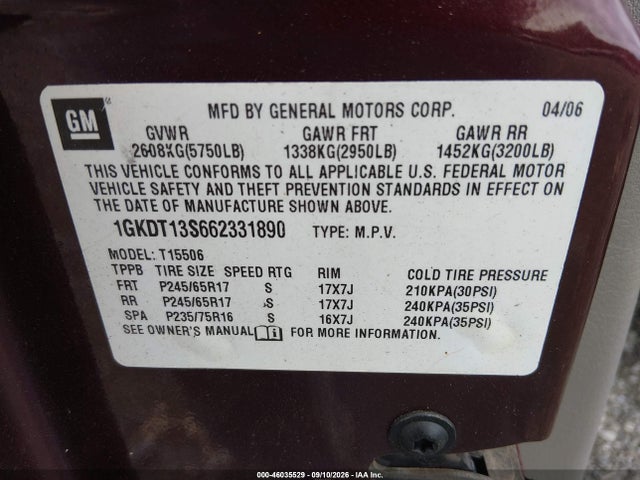 Aukcja sprzedaży 2006 Gmc Envoy Sle, vin: 1GKDT13S662331890, numer aukcji: 46035529