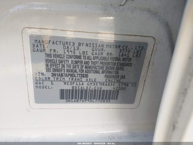 Продаж на аукціоні авто 2013 Nissan Sentra Sv, vin: 3N1AB7AP9DL772835, номер лоту: 46035531