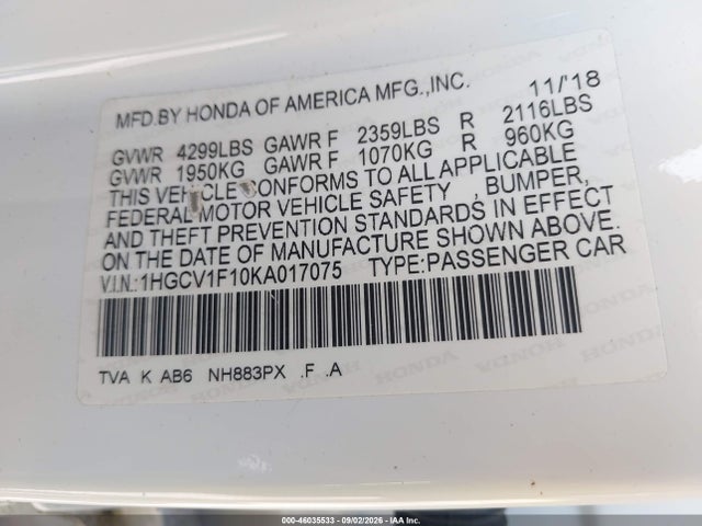 2019 Honda Accord Lx მანქანა იყიდება აუქციონზე, vin: 1HGCV1F10KA017075, აუქციონის ნომერი: 46035533