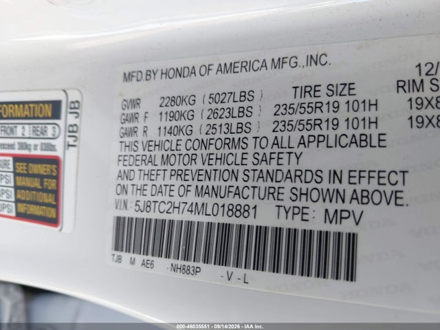 46035551 :رقم المزاد ، 5J8TC2H74ML018881 vin ، 2021 Acura Rdx Advance Package/pmc Edition مزاد بيع