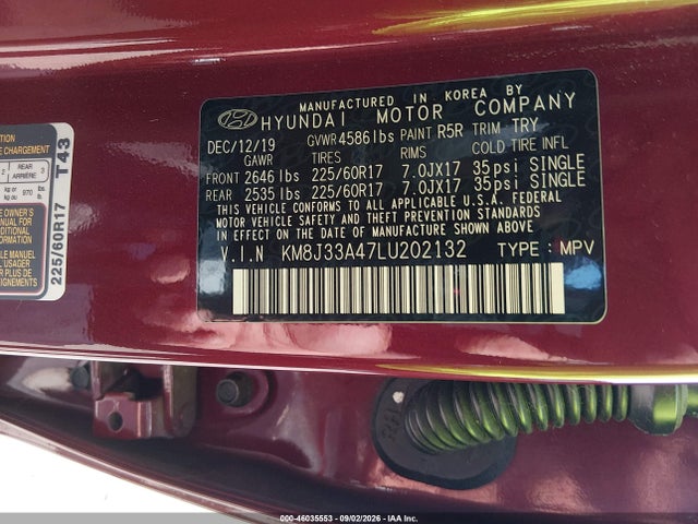 46035553 :رقم المزاد ، KM8J33A47LU202132 vin ، 2020 Hyundai Tucson Value مزاد بيع