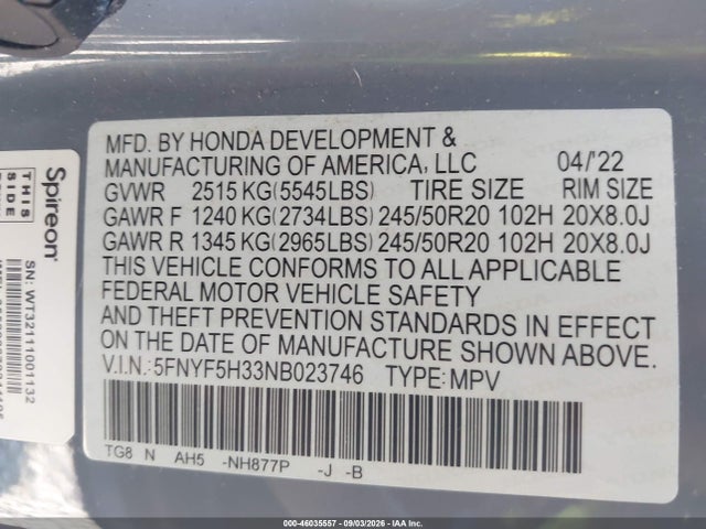 2022 Honda Pilot 2wd Sport მანქანა იყიდება აუქციონზე, vin: 5FNYF5H33NB023746, აუქციონის ნომერი: 46035557