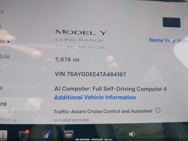 46035568 :رقم المزاد ، 7SAYGDEE4TA484187 vin ، 2026 Tesla Model Y مزاد بيع
