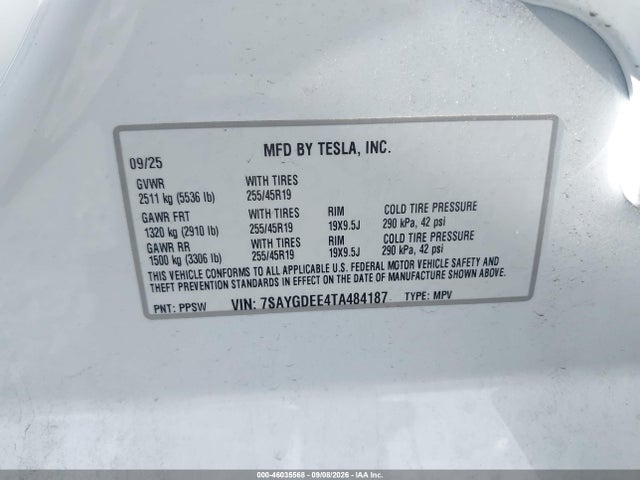 46035568 :رقم المزاد ، 7SAYGDEE4TA484187 vin ، 2026 Tesla Model Y مزاد بيع