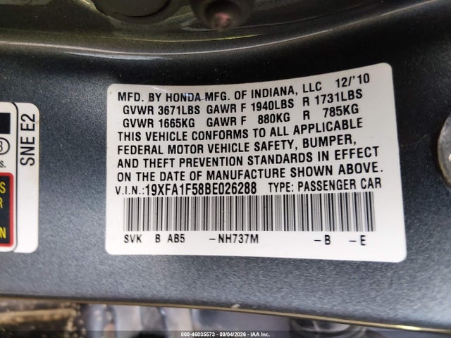 46035573 :رقم المزاد ، 19XFA1F58BE026288 vin ، 2011 Honda Civic Lx مزاد بيع