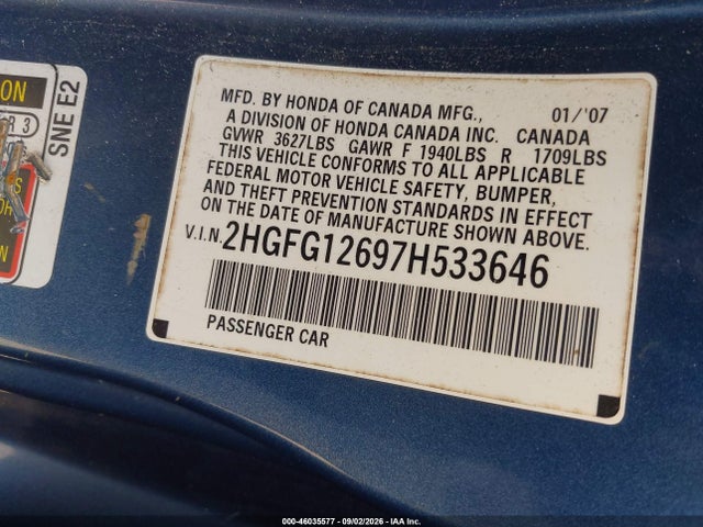 Aukcja sprzedaży 2007 Honda Civic Lx, vin: 2HGFG12697H533646, numer aukcji: 46035577