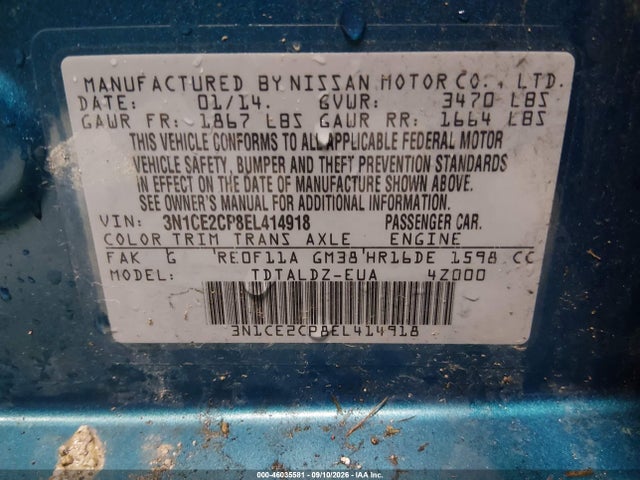 2014 Nissan Versa Note Sv მანქანა იყიდება აუქციონზე, vin: 3N1CE2CP8EL414918, აუქციონის ნომერი: 46035581