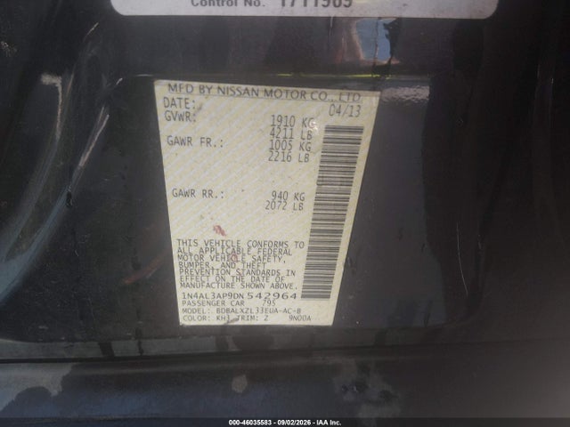 46035583 :رقم المزاد ، 1N4AL3AP9DN542964 vin ، 2013 Nissan Altima 2.5 Sl مزاد بيع