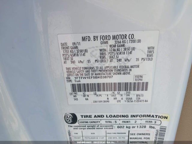 2011 Ford F-150 King Ranch მანქანა იყიდება აუქციონზე, vin: 1FTFW1EF5BKE08707, აუქციონის ნომერი: 46035600