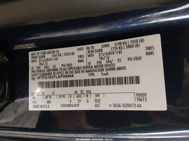 46035620 :رقم المزاد ، 1FTFX1E57LKF09494 vin ، 2020 Ford F-150 Xlt مزاد بيع