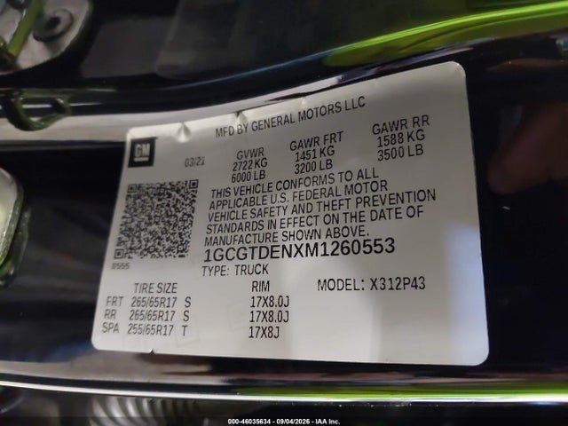 46035634 :رقم المزاد ، 1GCGTDENXM1260553 vin ، 2021 Chevrolet Colorado 4wd  Short Box Z71 مزاد بيع
