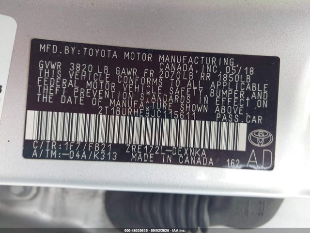 Продаж на аукціоні авто 2018 Toyota Corolla Le, vin: 2T1BURHE9JC115611, номер лоту: 46035635