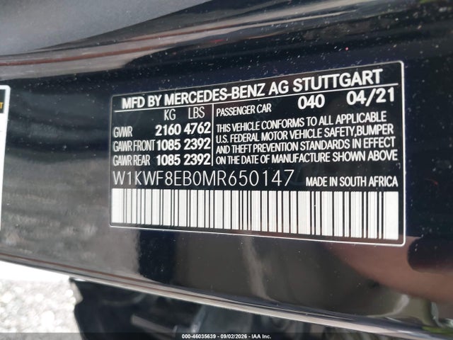 2021 Mercedes-benz C 300 4matic მანქანა იყიდება აუქციონზე, vin: W1KWF8EB0MR650147, აუქციონის ნომერი: 46035639