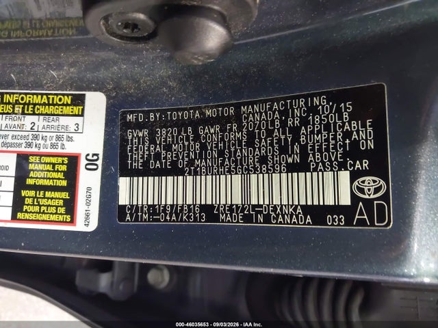 46035653 :رقم المزاد ، 2T1BURHE5GC538596 vin ، 2016 Toyota Corolla Le مزاد بيع