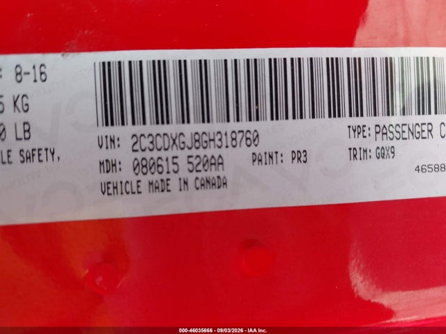 Aukcja sprzedaży 2016 Dodge Charger R/t Scat Pack, vin: 2C3CDXGJ8GH318760, numer aukcji: 46035666