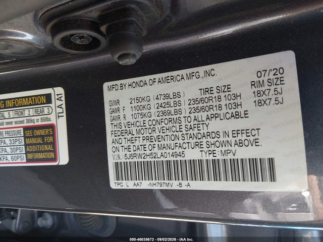 Honda Cr-v Awd Ex 2020 5J6RW2H52LA014945 Image 9