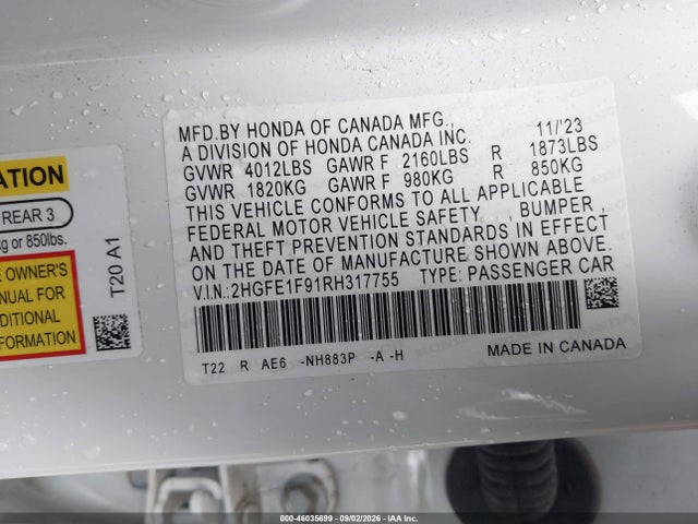 Продажа на аукционе авто 2024 Honda Civic Touring, vin: 2HGFE1F91RH317755, номер лота: 46035699