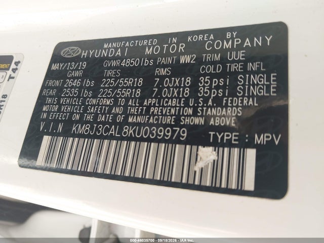 Aukcja sprzedaży 2019 Hyundai Tucson Sel, vin: KM8J3CAL8KU039979, numer aukcji: 46035700
