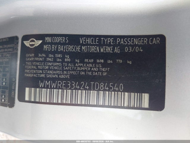 Продаж на аукціоні авто 2004 Mini Cooper S, vin: WMWRE33424TD84540, номер лоту: 46035703