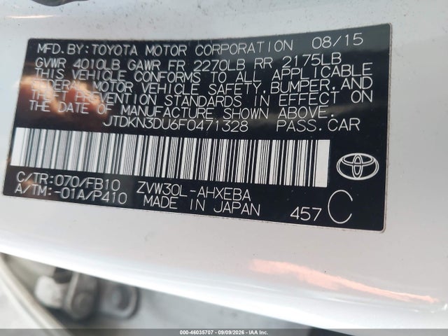 Aukcja sprzedaży 2015 Toyota Prius Two, vin: JTDKN3DU6F0471328, numer aukcji: 46035707