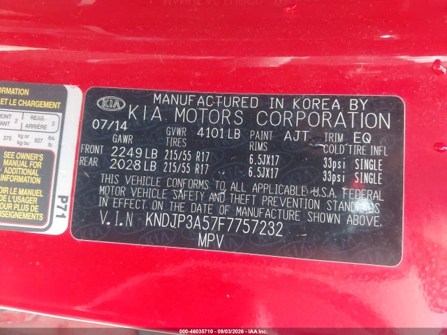46035710 :رقم المزاد ، KNDJP3A57F7757232 vin ، 2015 Kia Soul + مزاد بيع