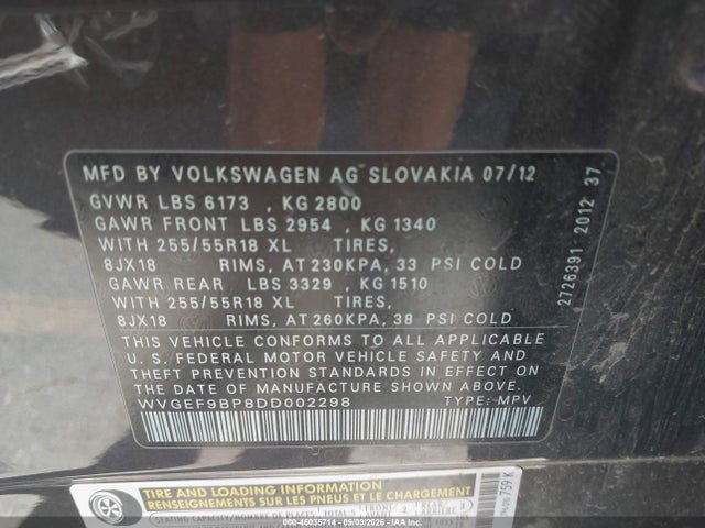 Продаж на аукціоні авто 2013 Volkswagen Touareg Vr6 Sport, vin: WVGEF9BP8DD002298, номер лоту: 46035714