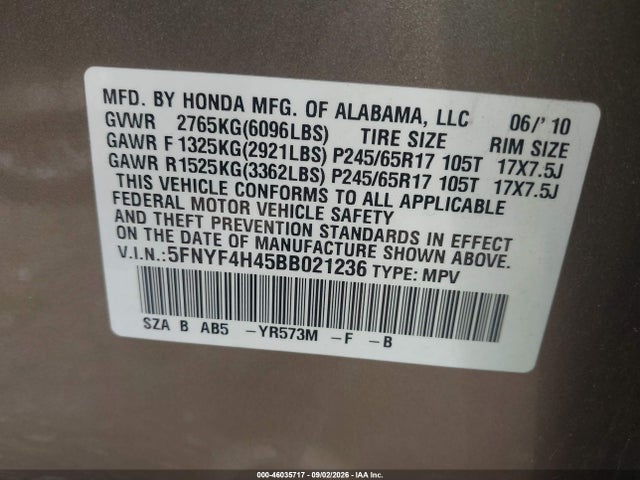 2011 Honda Pilot Ex მანქანა იყიდება აუქციონზე, vin: 5FNYF4H45BB021236, აუქციონის ნომერი: 46035717