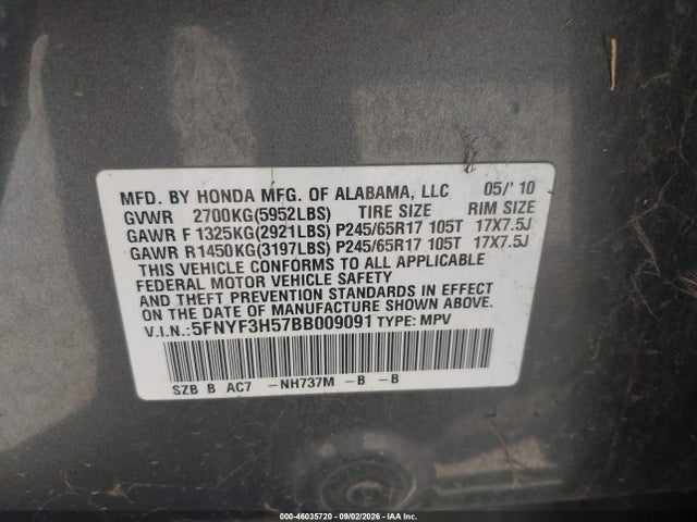 Aukcja sprzedaży 2011 Honda Pilot Ex-l, vin: 5FNYF3H57BB009091, numer aukcji: 46035720
