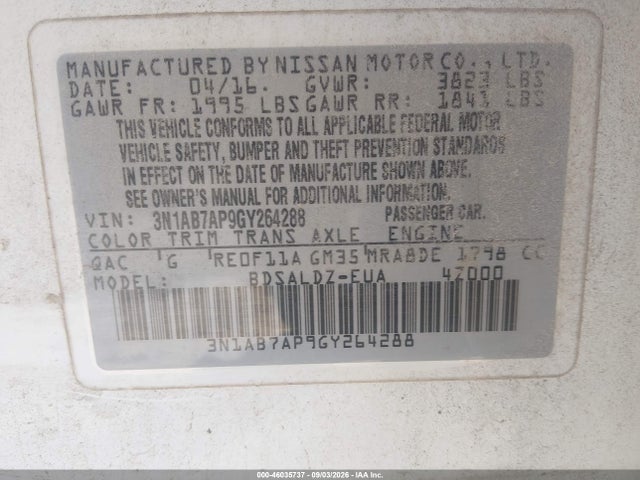 Продаж на аукціоні авто 2016 Nissan Sentra Sv, vin: 3N1AB7AP9GY264288, номер лоту: 46035737