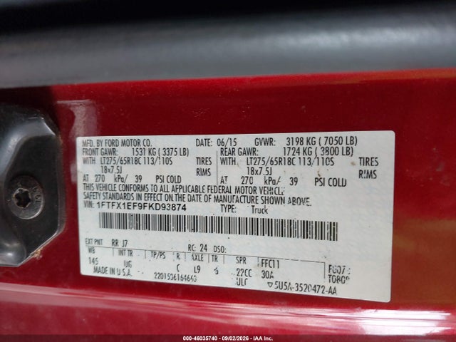 46035740 :رقم المزاد ، 1FTFX1EF9FKD93874 vin ، 2015 Ford F-150 Xlt مزاد بيع